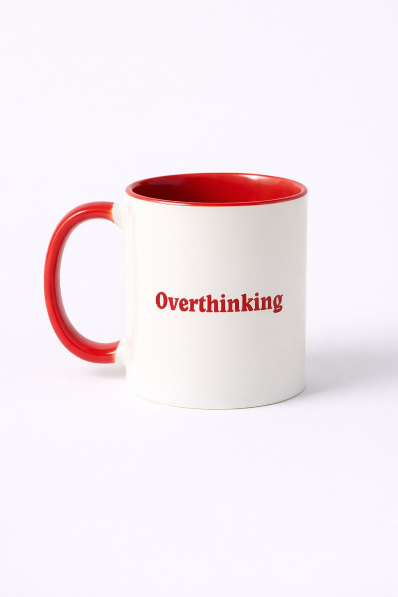 Overthinking Mug – Red & White Ceramic Cup for Deep Thinkers