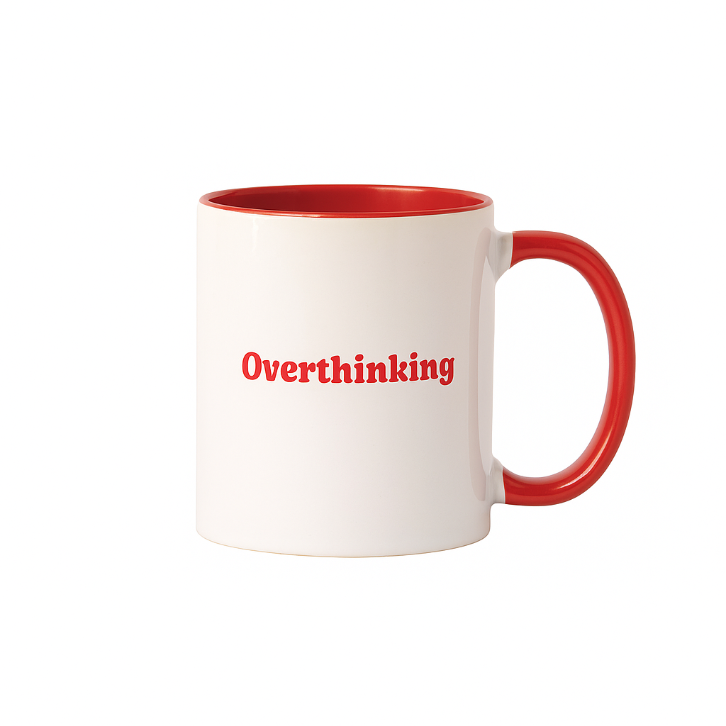 Overthinking Mug – Red & White Ceramic Cup for Deep Thinkers