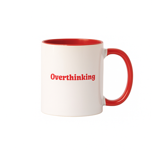 Overthinking Mug – Red & White Ceramic Cup for Deep Thinkers